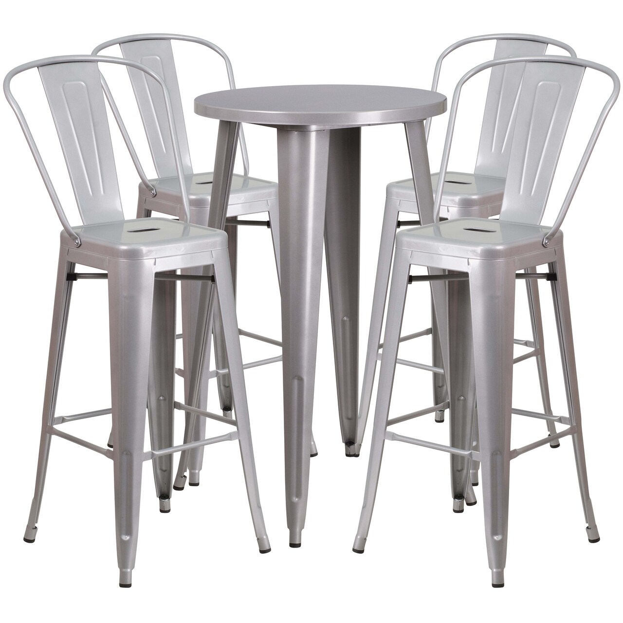 Merrick Lane Eleanore Outdoor Dining Set with 24" Round Table and Slatted Back Bar Stools with Footrests